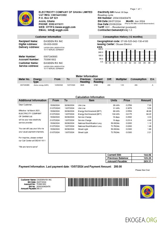 Modèle de facture de services publics de la Ghana Electricity Company of Ghana aux formats Word et PDF